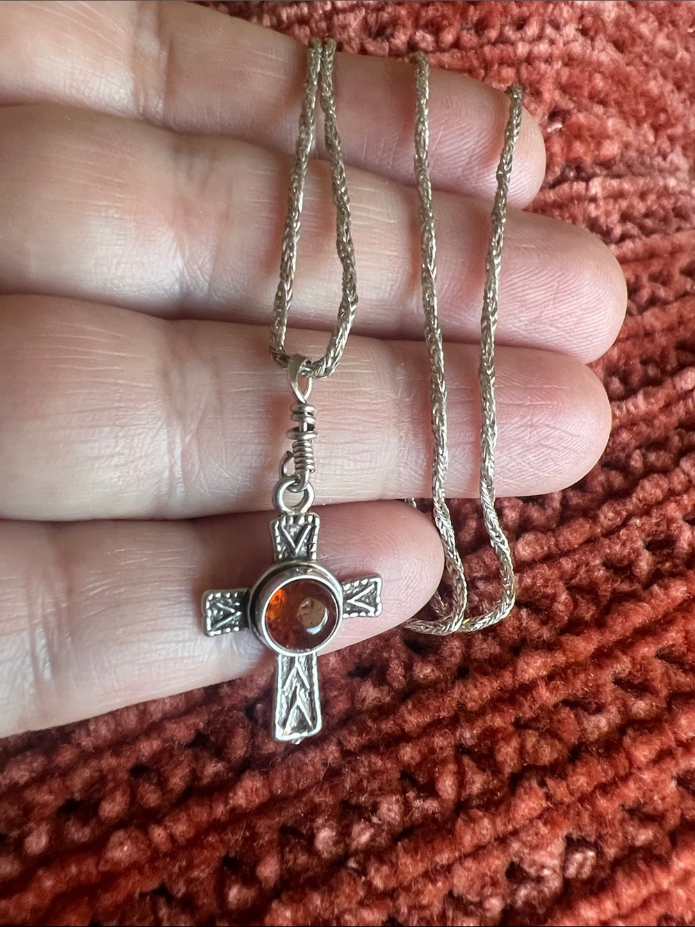 Sterling Silver Baltic Amber Cross Pendant Necklace